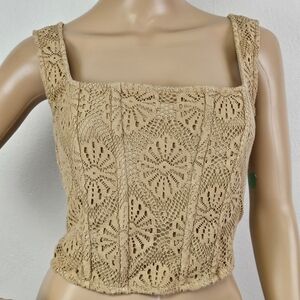 American Eagle Crocheted Lace Crop Top Elastic Ruched Back Sz M Festival Hippie